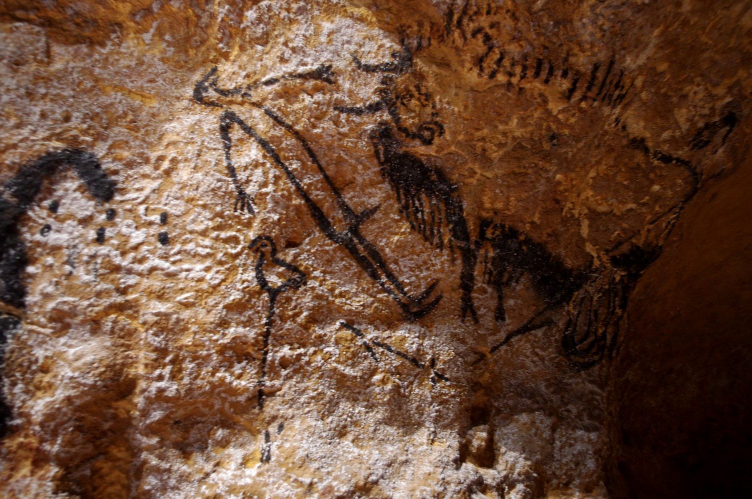 Die Zeichnung des gejagten Wisents in der Lascaut-Höhle (Frankreich) ist ca. 17.000 v. C. erstellt worden. <!-- START: ConditionalContent -->Die Beziehung, in der die Bildmotive zueinander stehen, ist noch nicht verstanden worden. <!-- END: ConditionalContent -->Foto: Traumrune, Public Domain.